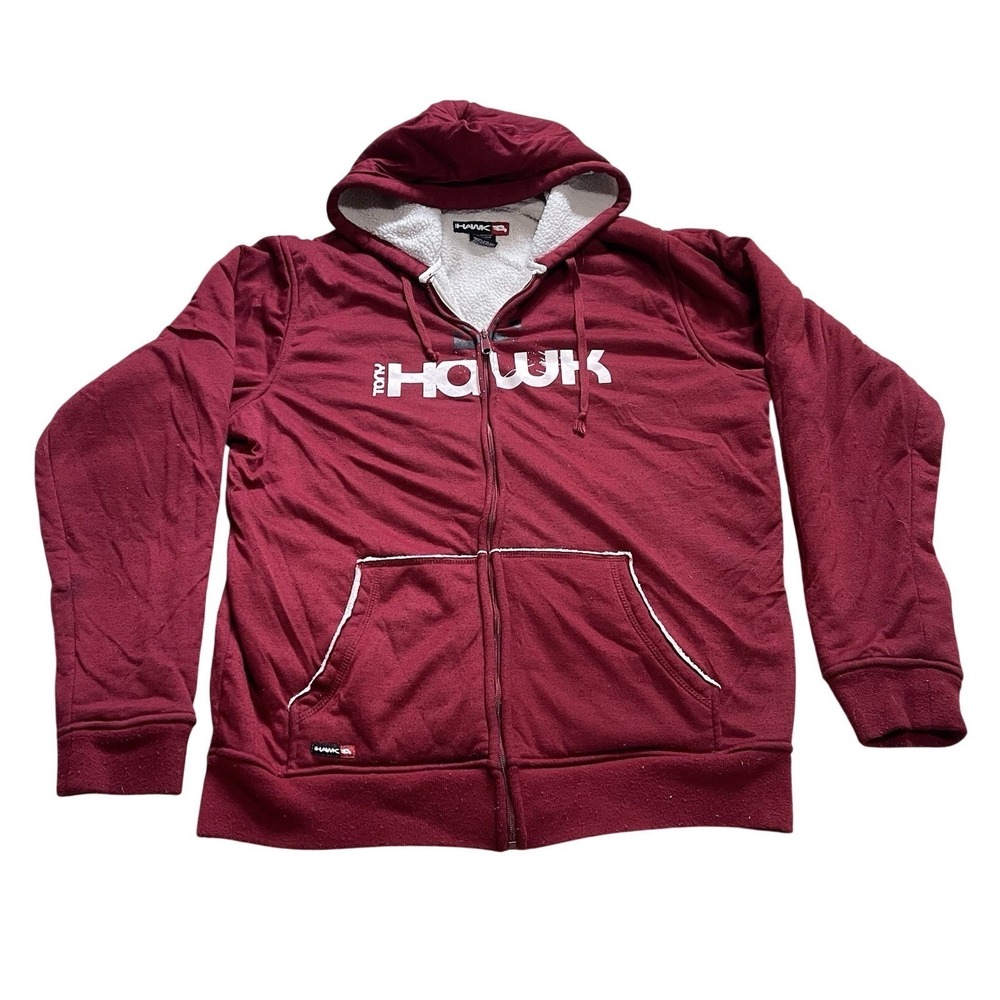 VTG Y2K Tony Hawk Red Sherpa Lined Full Zip Hoodie Mens Lg Skate Grunge Street